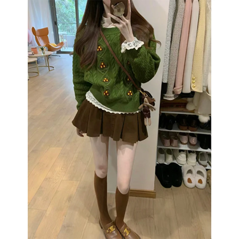 

Autumn Set Women's Gentle Sweet een Twisted Knitted Sweater Slim Pleated ort Skirt Two-Piece Set round Neline Faionable