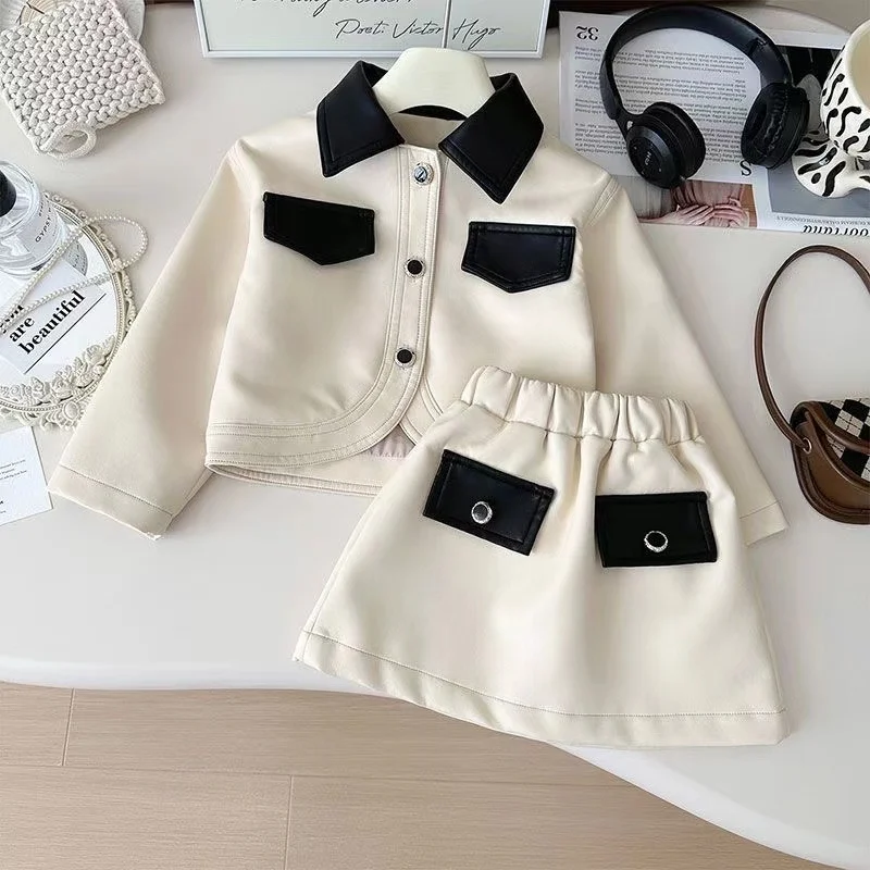 

2025 Autumn New Korean Version Of Girls Small Fragrant Wind Leather Coat Short Skirt Two-piece Baby Cute Suit 90-140cm