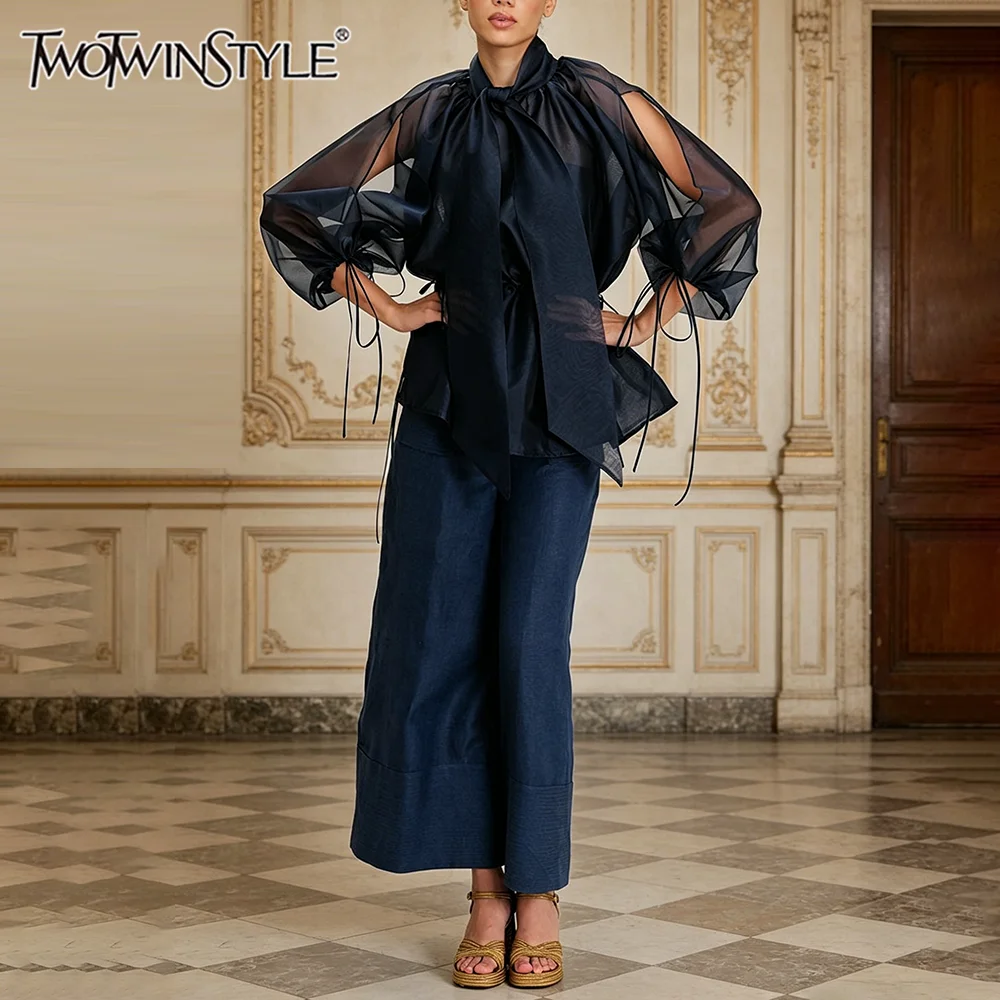 

TWOTWINSTYLE Navy Loose Spliced Drawstring Shirts for Women Turtleneck Long Sleeve Sheer Elegant Shirt Female Summer Fashion New