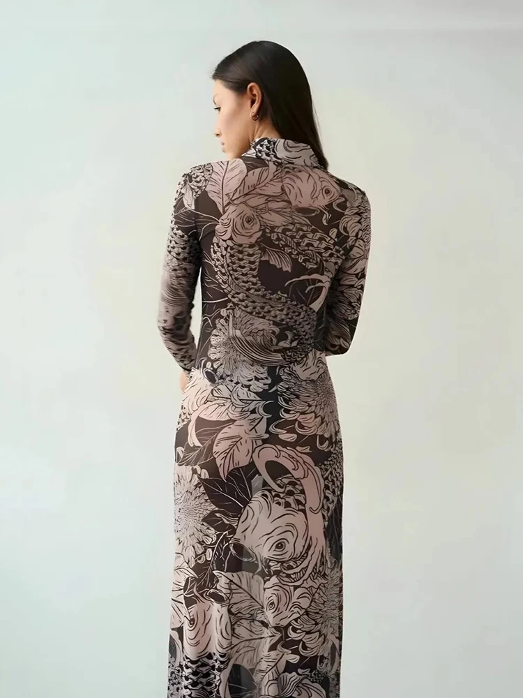 REDDACHiC Retro Printing Mesh Dames Bodycon Zomer Sheer Stretchy Coltrui Maxi-jurk met lange mouwen Esthetische Grunge Streetwear