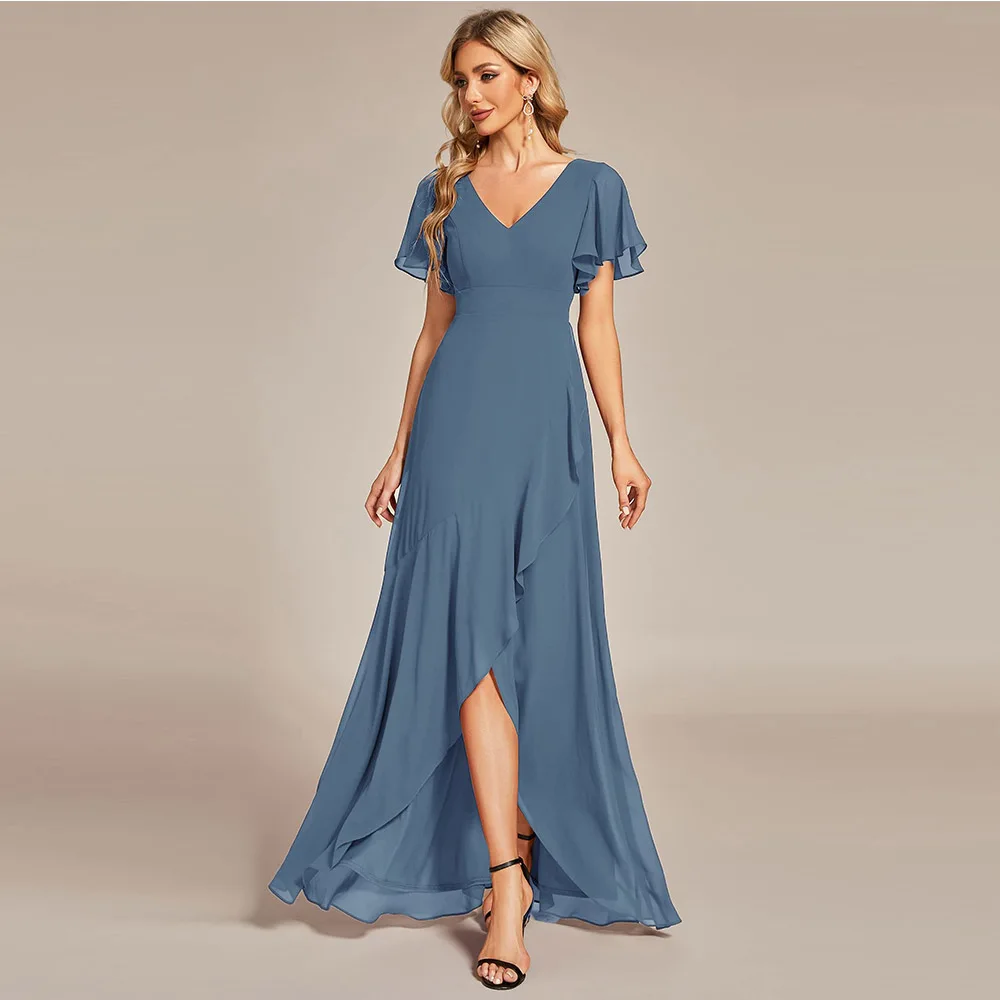 

Customized Exquisite Mother of The Bride Dresses Women's Double V Neck A Line Ruffle Hem Backless High Low Chiffon Dresses