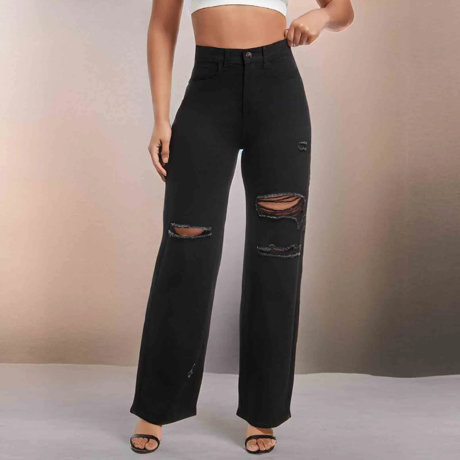 

Hole Jeans Women Vintage Denim Straight Pants Washed Distressed High Waist Stretch 2025 Streetwear Female Ankle Length Trousers