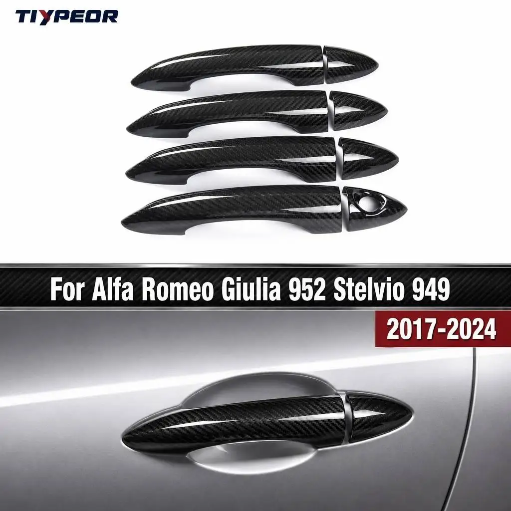 Tiypeor Dry Carbon Door Handle Cover For Alfa Romeo Giulia 952 Stelvio 949 2017-2024 Gloss Black Overlay Car accessories