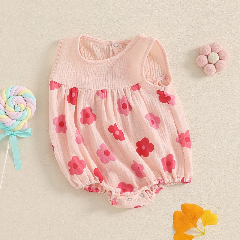 Baby Girl Bubble Romper Flower Print Sleeveless Round Neck Summer Adorable Jumpsuit