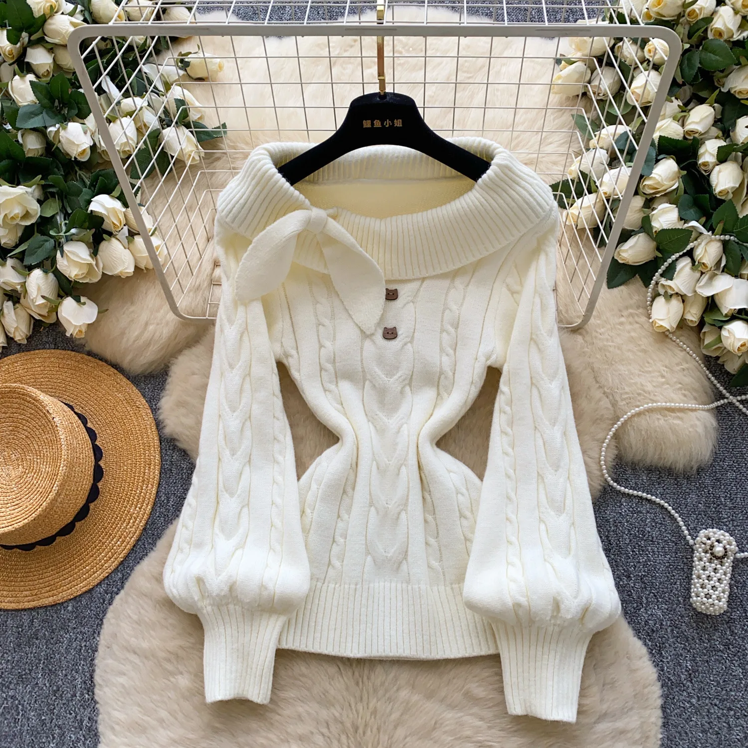 

Women Cable Knitted Pullovers Jumpers Solid Sweaters Bow Slash Neck Long Lantern Sleeve Loose Elegant Casual Autumn Winter 2025