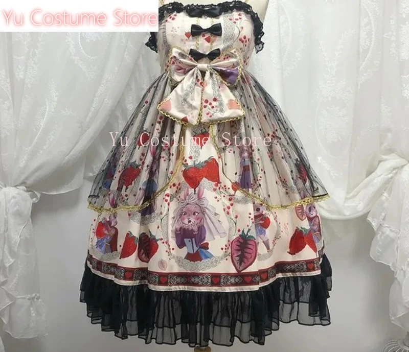 

Preppy Style Japanese Dresses for Women Vintage Anime Strawberry Sleeveless Sling Robe Femme Patchwork Gauze Bow Sweet Dress2025
