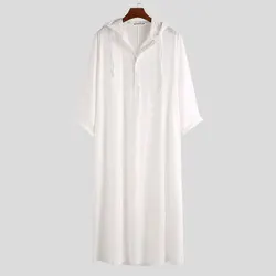 Camicia con cappuccio da uomo musulmano semplice in stile arabo abito Casual tinta unita tasca diagonale Jubba nazionale islamico Thobe taglia S-5XL