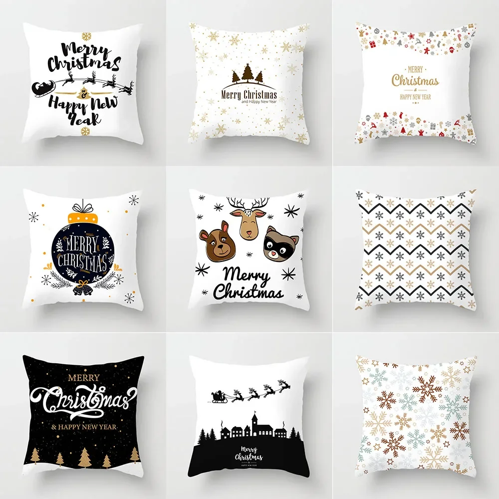 

Happy New Year Christmas Elk Snowflake Printing Cushion Cover for Home Living Room Sofa Decoration Square Pillow