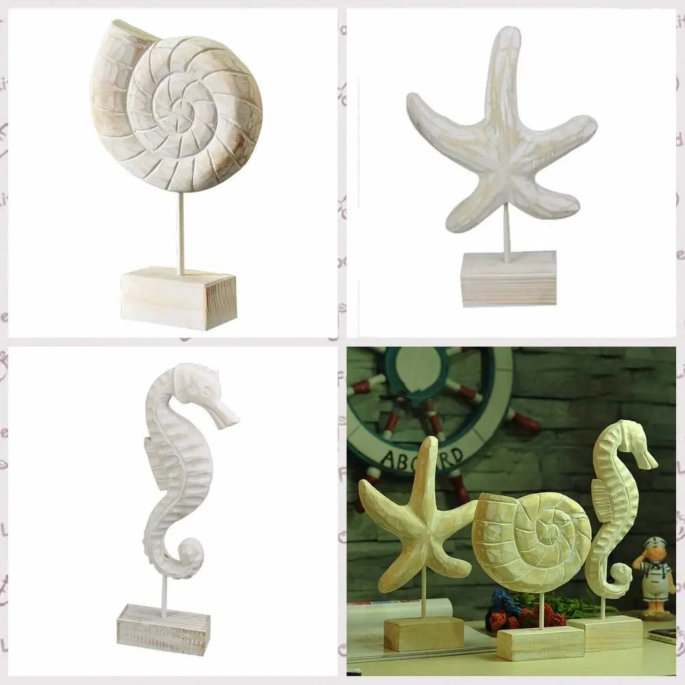 Mediterranean Style Home Decoration Accessories Wooden Crafts Starfish Conch Hippocampus Wood Carving Marine Living Room