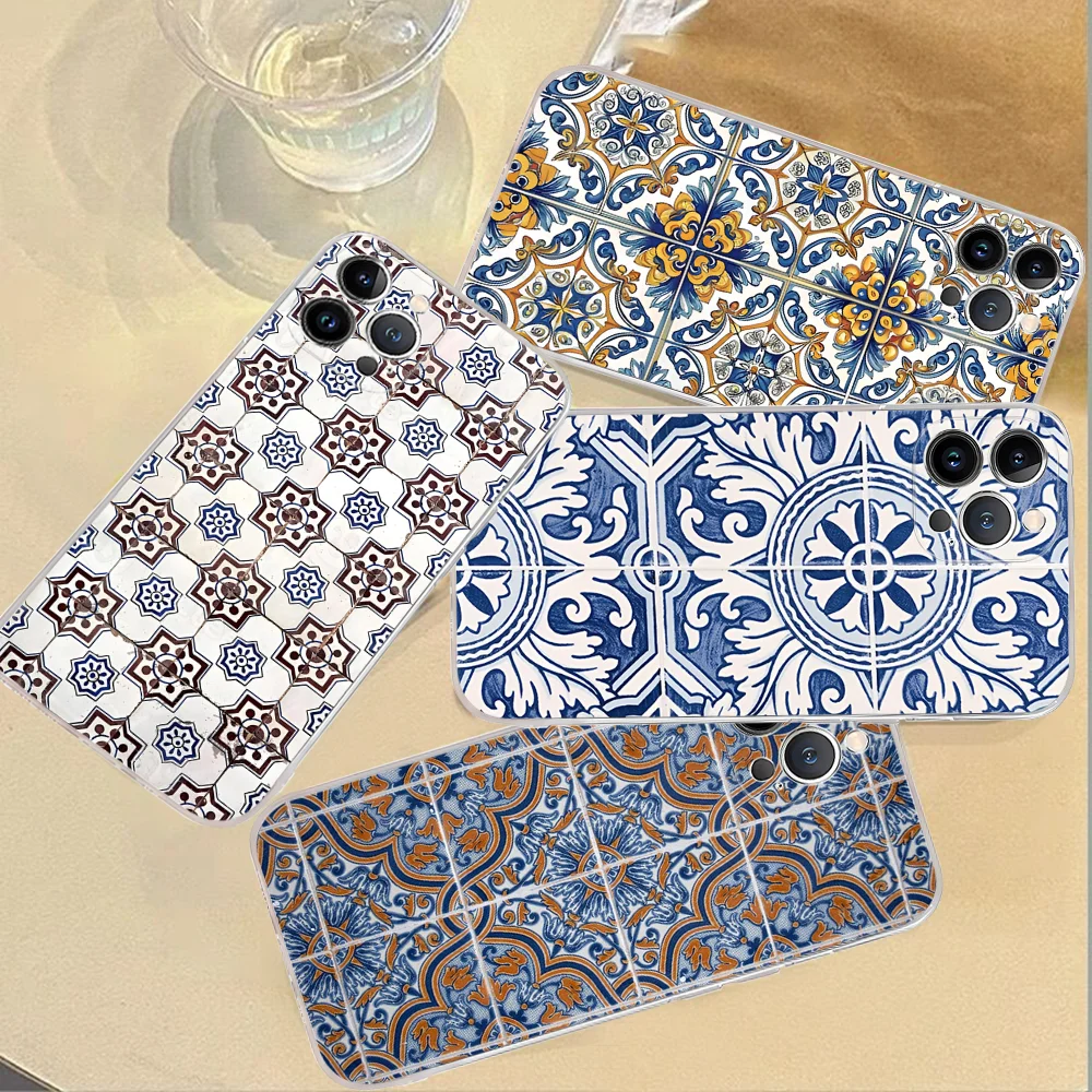 Portuguese Glazed Tiles Phone Case For IPhone 16 15 8 7 6 6S Plus X SE XR XS 14 11 12 13 Mini Pro Max Mobile Case