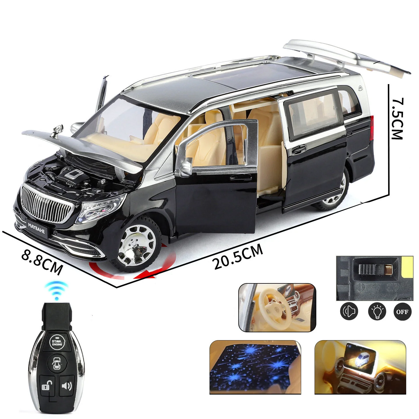 1:24 Maybach VS680 MPV Key Control Alloy Car Model Sound and Light Pull Back Children's Toy Collectibles Birthday Gift