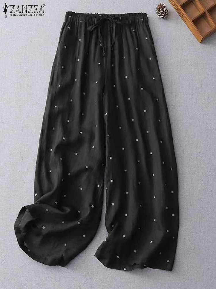 

ZANZEA Autumn Elastic Waist Wide Leg Trousers Women Polka Dot Long Pants Korean Casual 2024 Simple Loose Work Pantalon Oversized