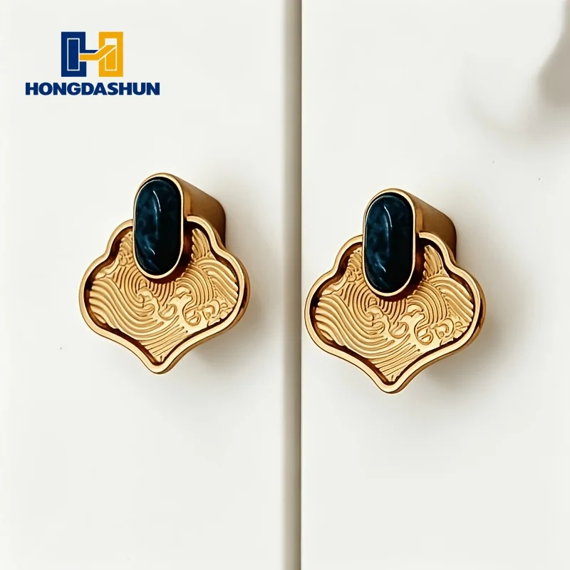 Vintage New Chinese Style Ruyi Cloud Handle, Luxury Sapphire Inlaid Wave Single Hole Knob, Golden Brass Wardrobe Cabinet Drawer