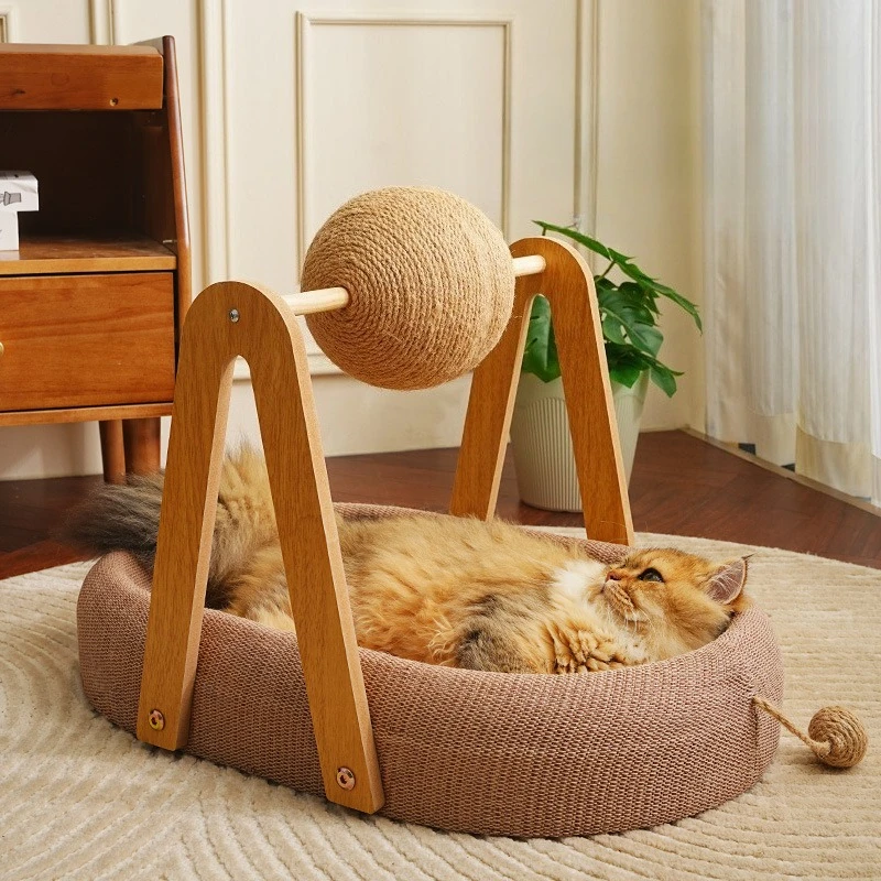 

3-в-1 Кровать-когтеточка для домашних кошек Сизалевая кровать для кошек Маленькая кровать для собак Натуральный шезлонг Кресло-гамак для отдыха с 3 сизалевыми шариками,