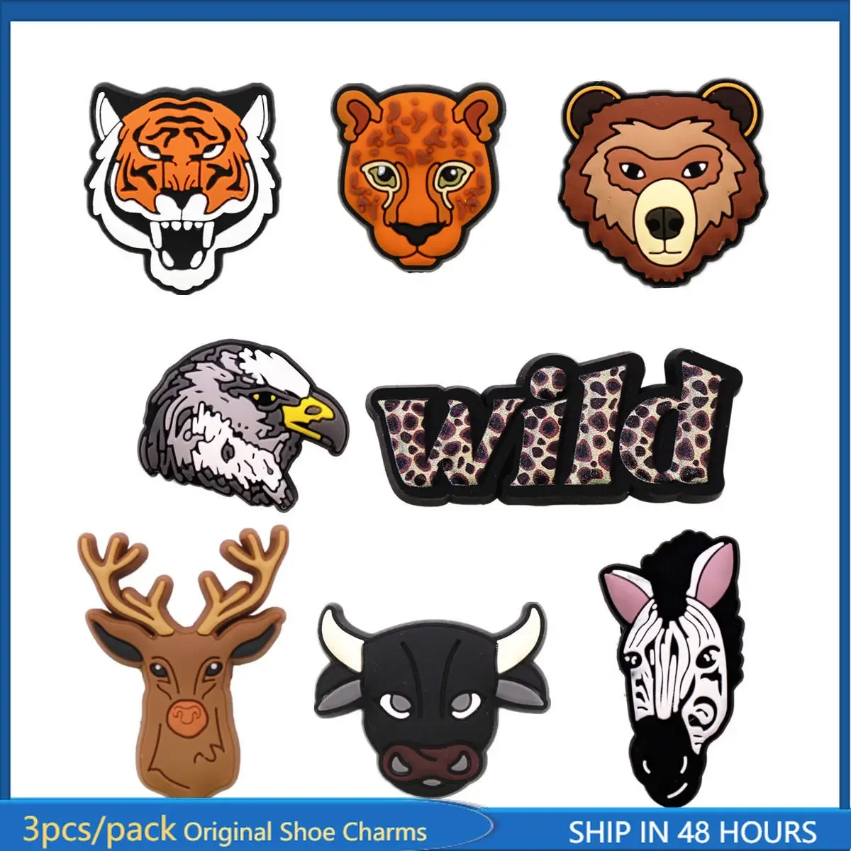 3 Pack Original Animal World PVC Shoe Charms Wild Beast Portrait Upper Decorations Clogs Pins Sandals Accessories Fit Kids Gifts