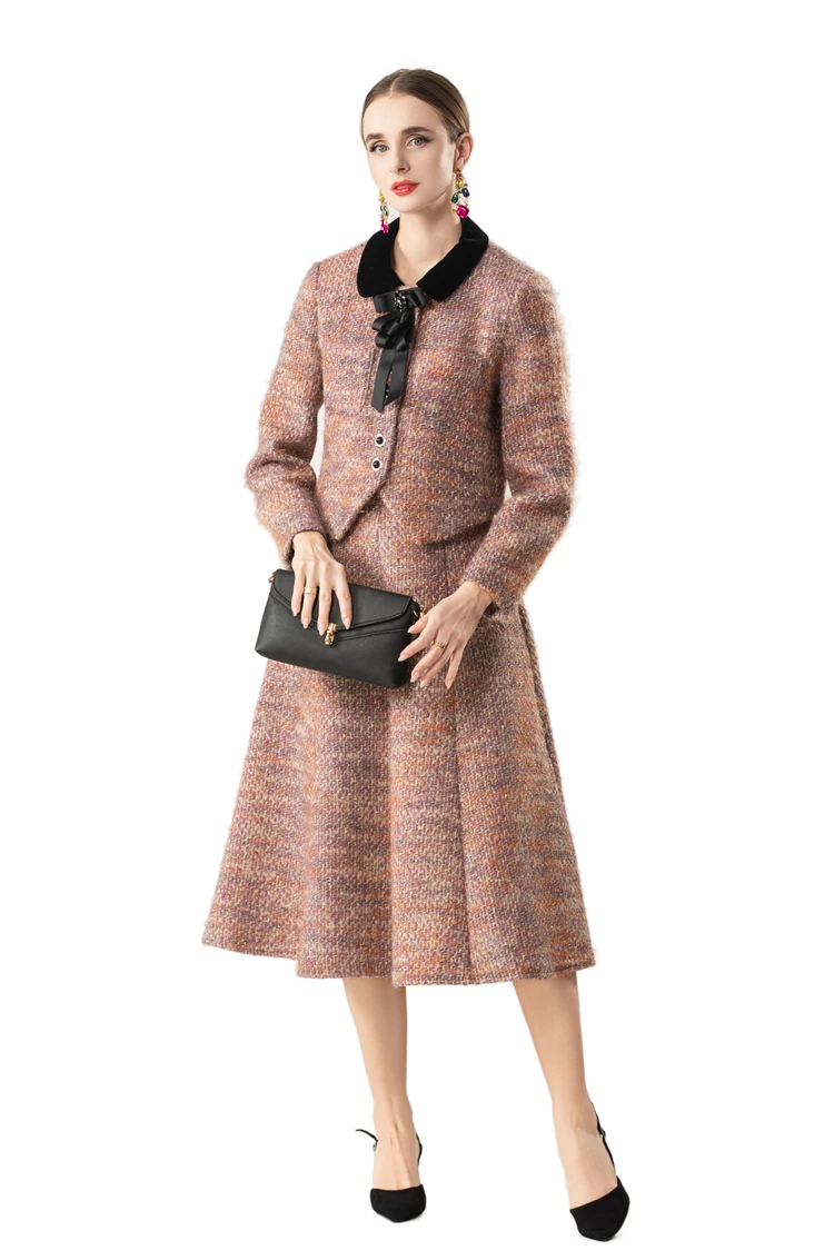 Women's Tweed Jacket and A Line Midi Skirt Set, Velvet Collar Bow Long Sleeve Two Piece Suit, Fall Winter Office Lady Outfit