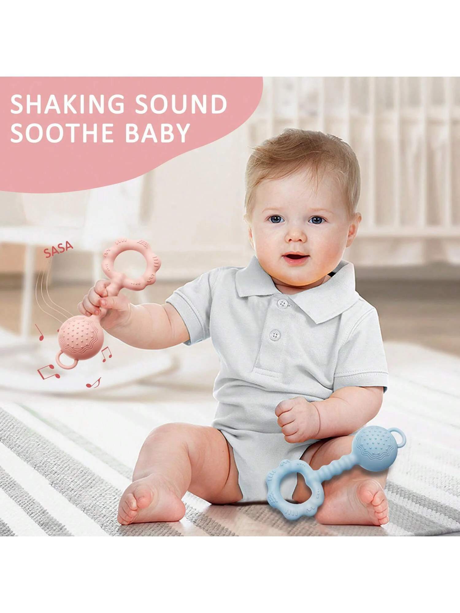 1 jouet hochet en silicone. Anneau de dentition apaisant pour bébés garçons et filles. Doux, sûr et parfait pour mâcher et réconforter.