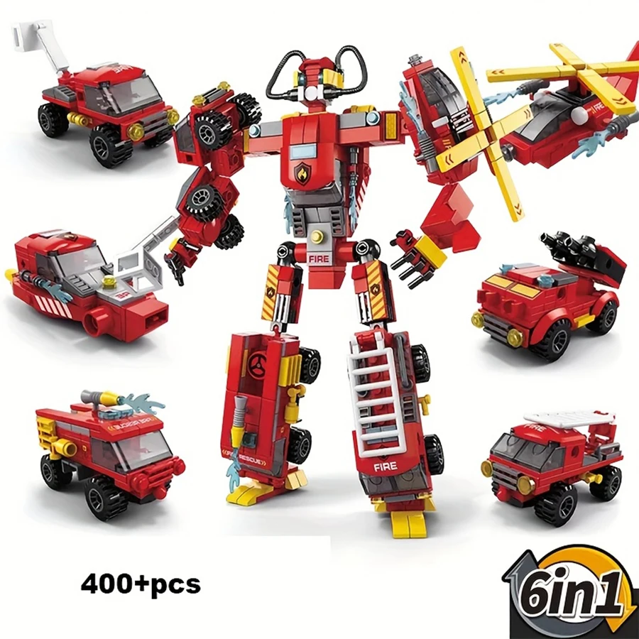 

Red robot building blocks 6-in-1, red car, helicopter and ambulance building blocks. Gifts for children.