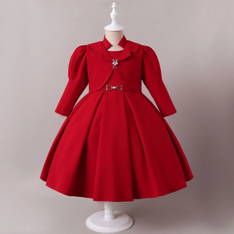 

2025 Winter Hot Selling New Girls' Mid Long Sleeved Elegant Temperament Style Solid Color Dress and Jacket Fake Two Pieces