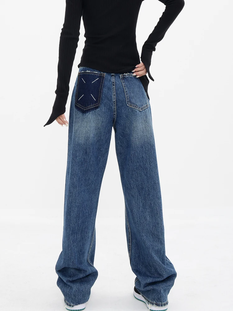 

Womans Jeans High Waist Denim Trouser Baggy Streetwear Pocket Design Ladies Vintage Blue Wide Leg Straight Loose Jean Pants