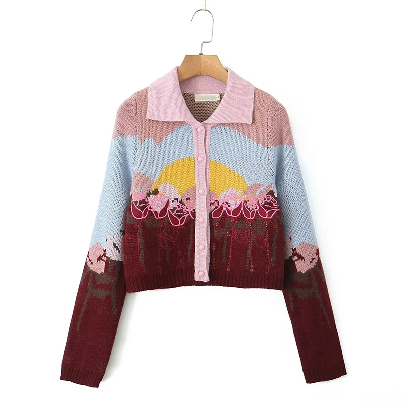 YENKYE 2024 Women Contrast Color Print Short Knit Cardigan Long Sleeve Lapel Collar Female Casual Autumn Sweater Outerwear