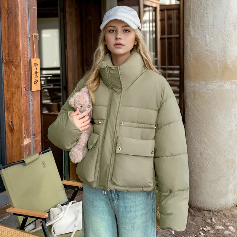 

Spliced Female's Winter Quilted Jacket Pure Color Elastic Hem Stand Collar Women's Padded Coat Slouchy-Style Jacket For Women