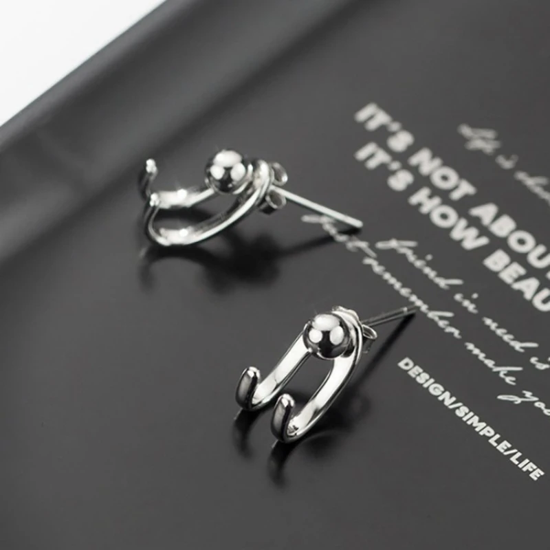 Double Line Hook Curved Ball Back Hang Post Stud Earrings Two in One Geometric Silver Color Metal Brincos Jewelry Girl Gift image 3