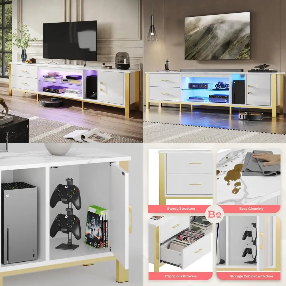 LED TV Stand for 75-85 Inch TVs: Entertainment Center with Glass Shelves for Living Room Gaming Console Storage