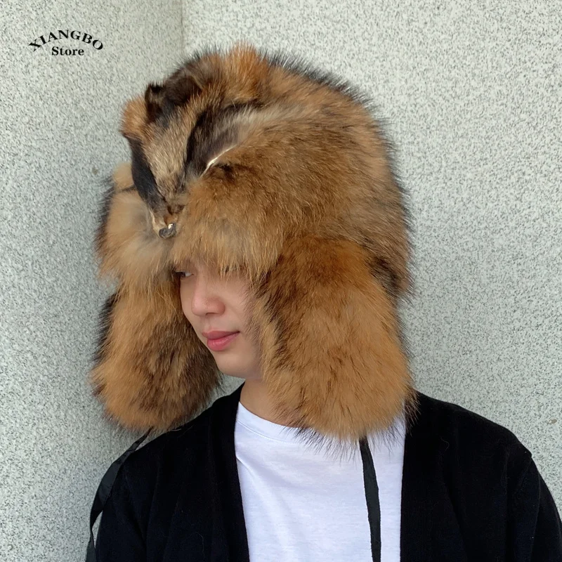 Men\'s Hat Winter Natural Raccoon Fur Bombers Hats Russian Hat Outdoor Warm Soft Luxury Quality Real Fur Cap Fur Hat for Men Caps