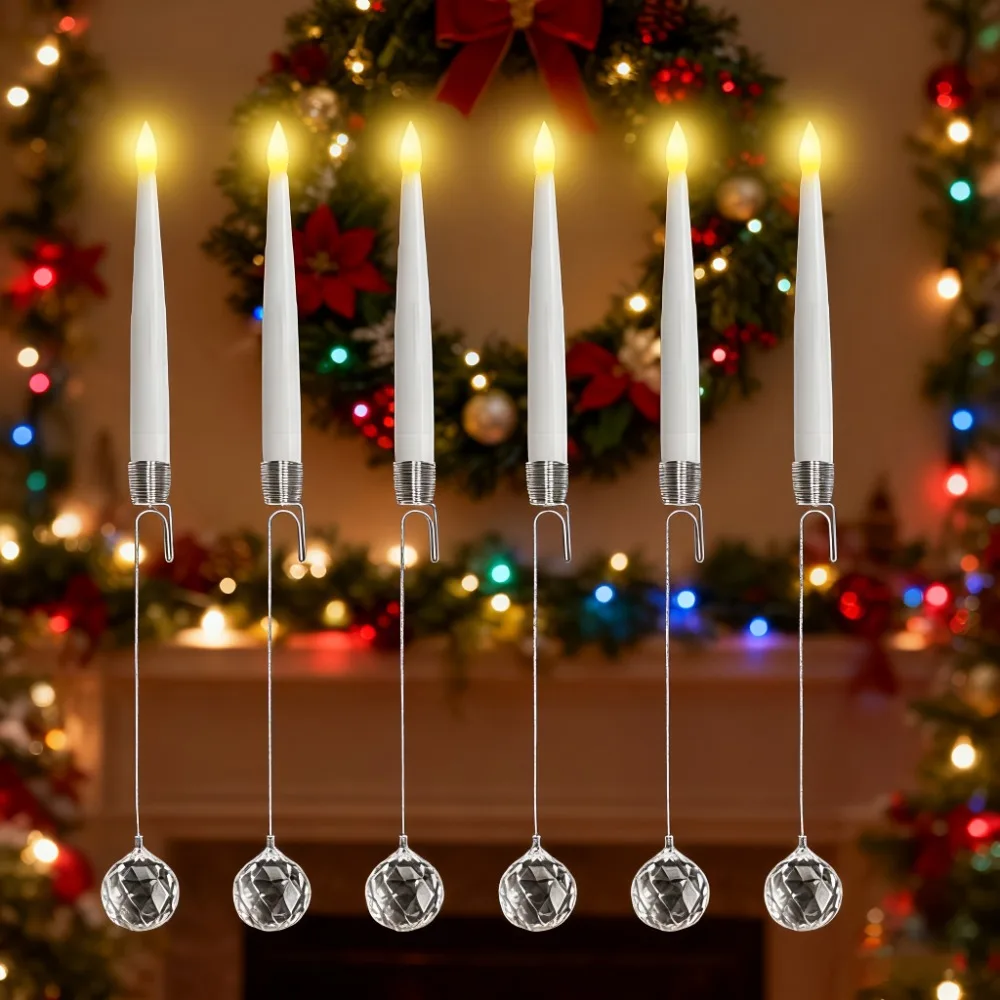 6 Piece Battery Powered Christmas Tree Suspended LED Candle with Crystal Pendant with Remote Decorative Candle Light Hook Design