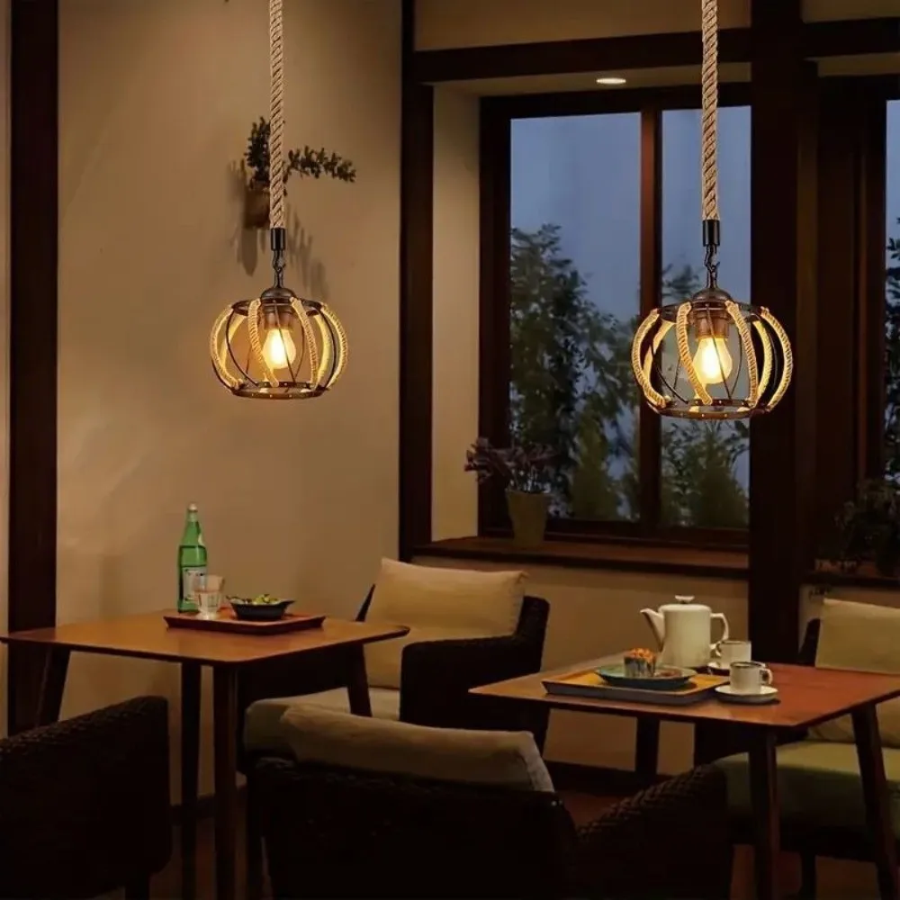 Creative Retro Hemp Rope Pendant Lights Industrial Style Iron Hanging Lamp Woven Design Cafe Lighting Bedroom