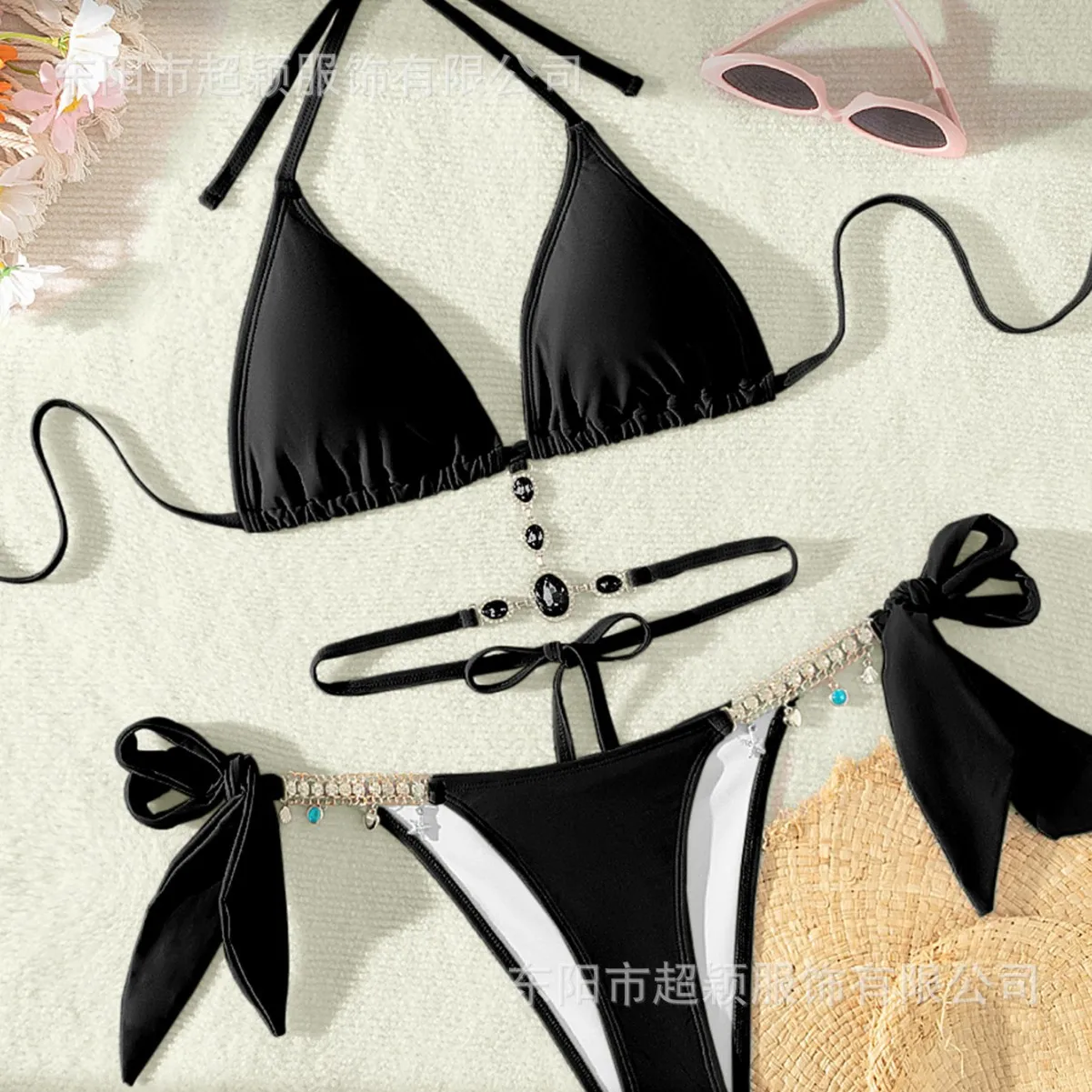 ملابس السباحة النسائية الكريستال الماس مثلث حقيبة الأشرطة الرسن بيكيني للشاطئ ملابس السباحة 2025 جديد