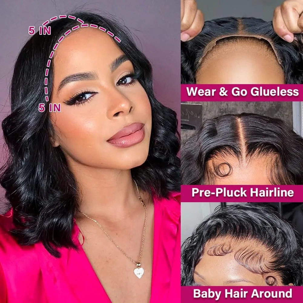 Pelucas Bob corto sin pegamento, cabello humano precortado 5x5, cierre de encaje frontal, onda del cuerpo prearrancada, peluca sin pegamento, pelucas mejoradas