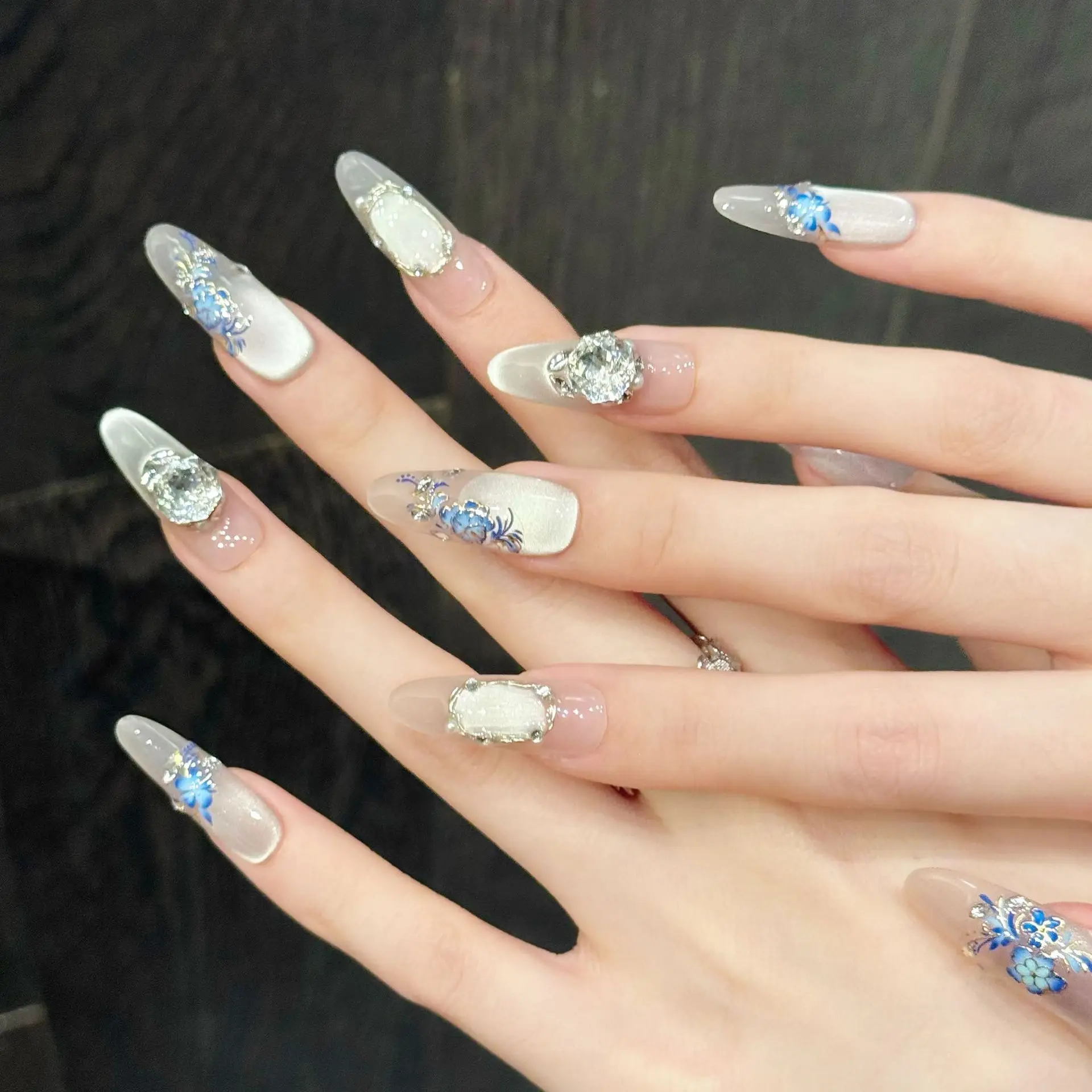 10 PCS Luxury Handmade Press on Nails Long Oval Lucky butterfly Design with 3-PIECE Tool Adhesive Nail Glue Tabs