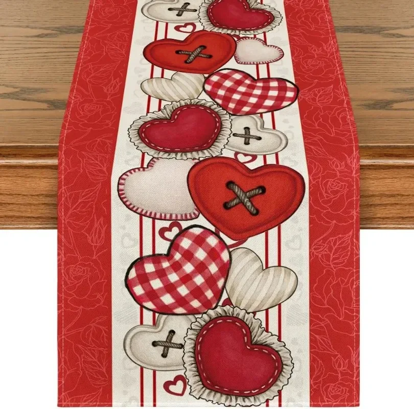 Valentine's Day Red Love Heart Buttons Linen Custom Table Runners Holiday Party Decor Kitchen Dining Wedding Decorations