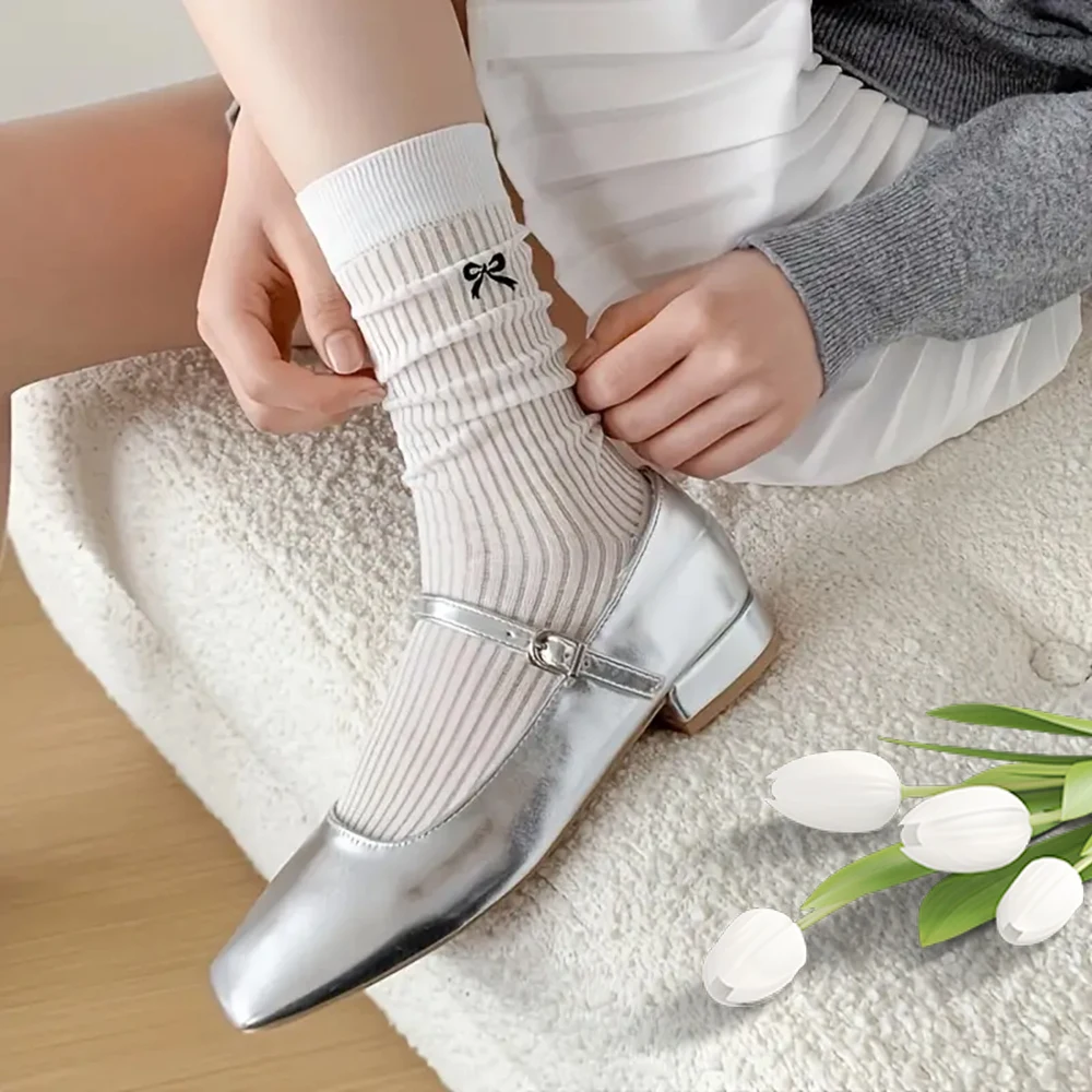 5 Pairs Ins Big Bow All Cute Socks Women Summer Thin Breathable Mesh Breathable Pile Socks Mid Tube Sock image 6