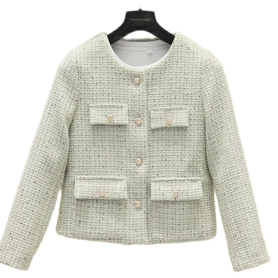 

Autumn Spring Fragrant Tweed Jacket Coat Women Vintage Woolen Short Streetwear