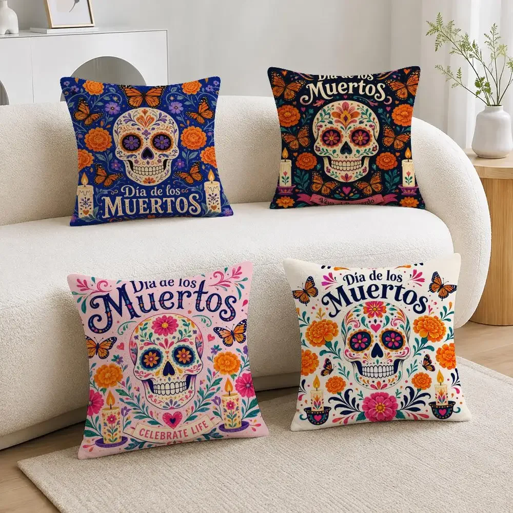 Mexican Folk Art Day of the Dead Dia de los Muertos Cushion Cover Soft Fluffy Short Plush  Pillow Case  Sofa Bed Home Decor
