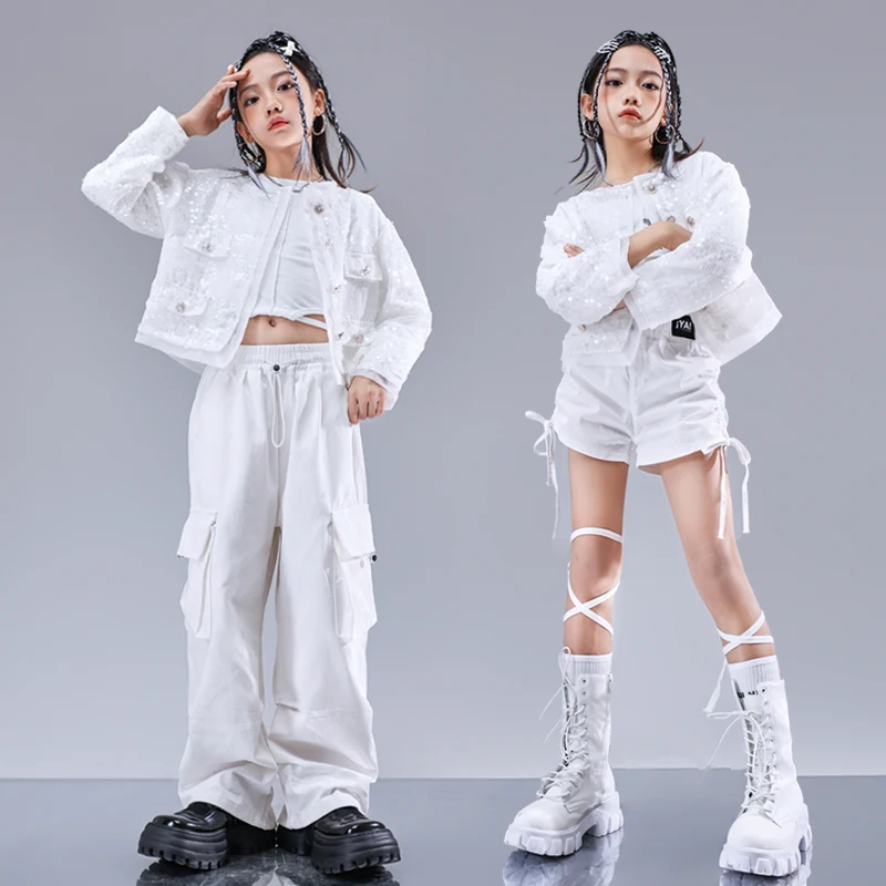 Kids Streetwear Hip Hop Girls Crop Top White Sequins Jacket Joggers Clothes Outfit Child Fashion Costume Teen Street Dance Pants