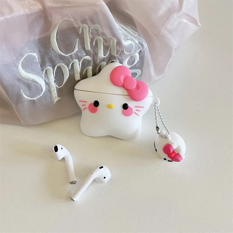 3D Kawaii Cartoon Hello Kitty Star Style Silicone Cover For Airpods 1 2 3 Pro Anime Protective Cover  Earphone With Keychain