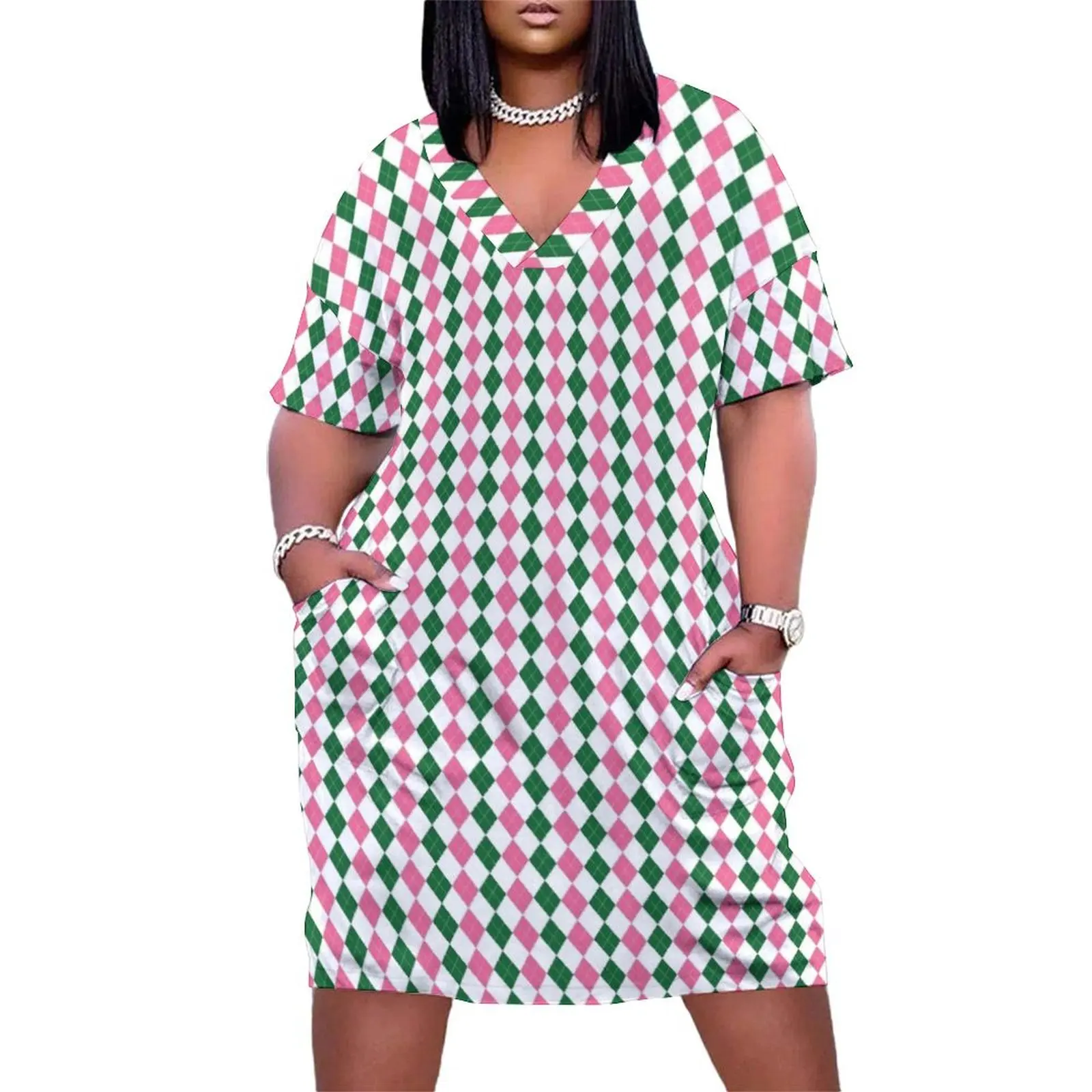 Green Pink and White Argyle Pattern Diamond Checks Loose Pocket Dress evening dresses ladies summer clothes for women