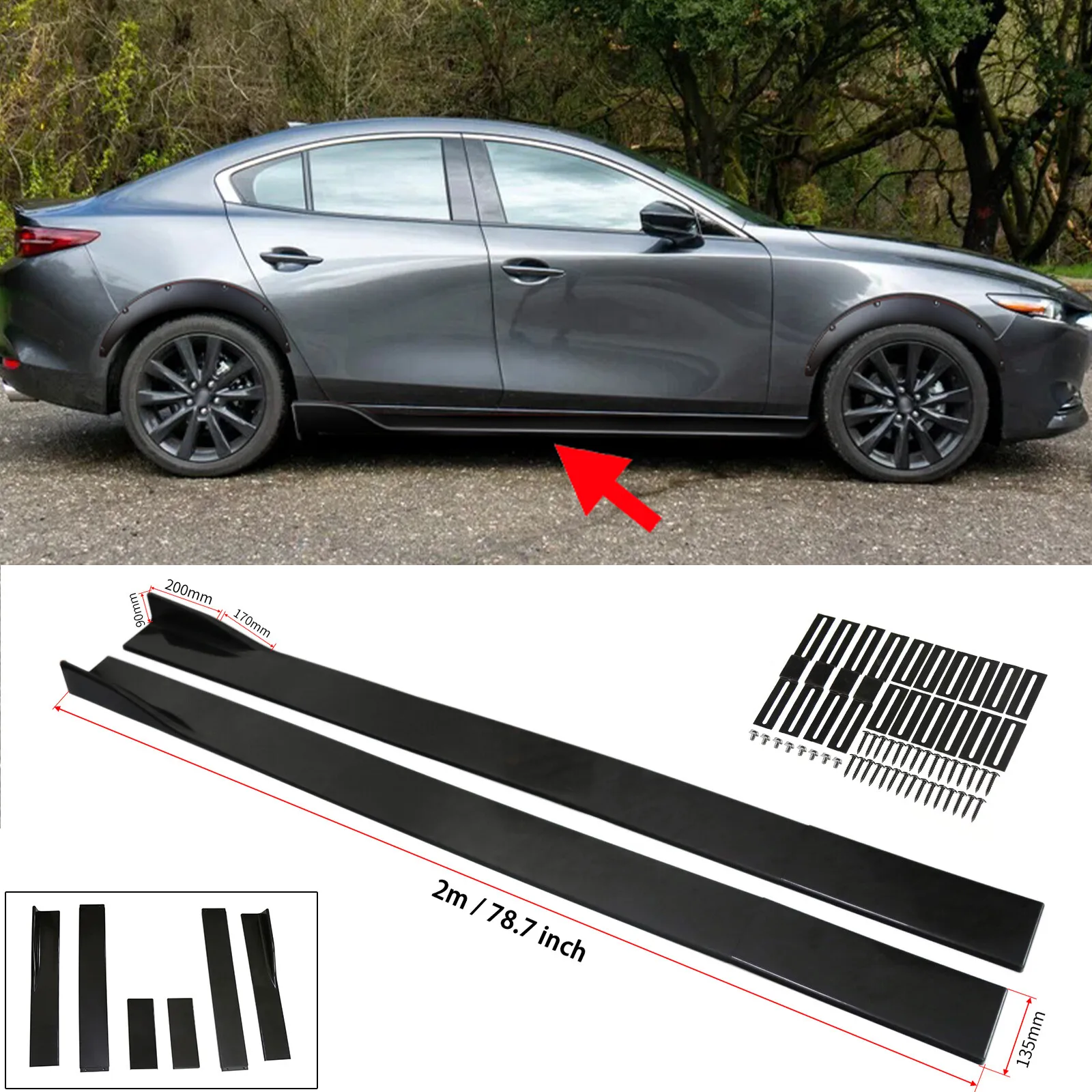 

78.7" Universal Car Fiber Side Skirt Extension Rocker Panel Splitter Lip Black