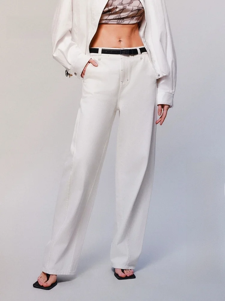 High Waist Straight Leg White Casual Pants Women's Loose Feel Summer New Arrival ONLY Brand Polyester Fiber Zipper Closure