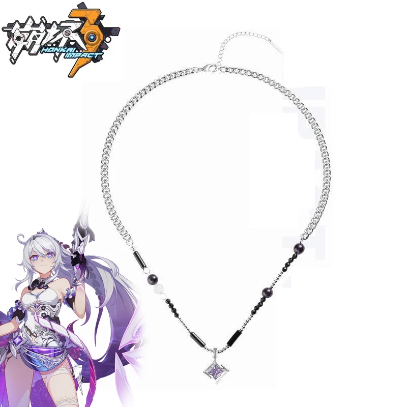 Game Honkai Impact 3 Kiana Kaslana Cosplay Necklace Unisex Purple Square Pendant Choker Clavicle Chain Jewelry Accessories