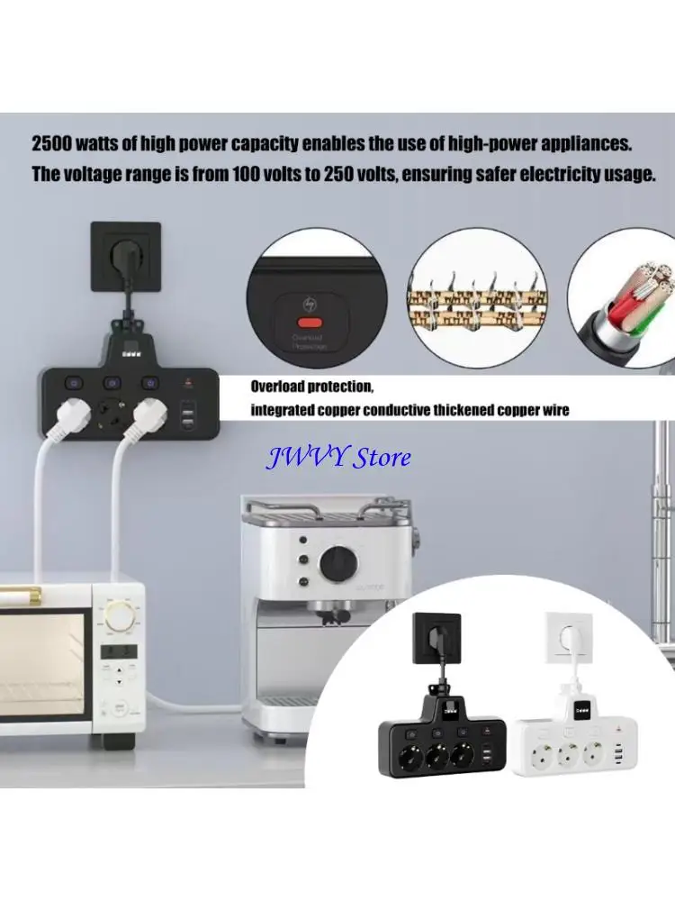 573A Power Extension Adapter With 3 Mode Night Light 4 USB Slots And Safety For Europeans Travel Use