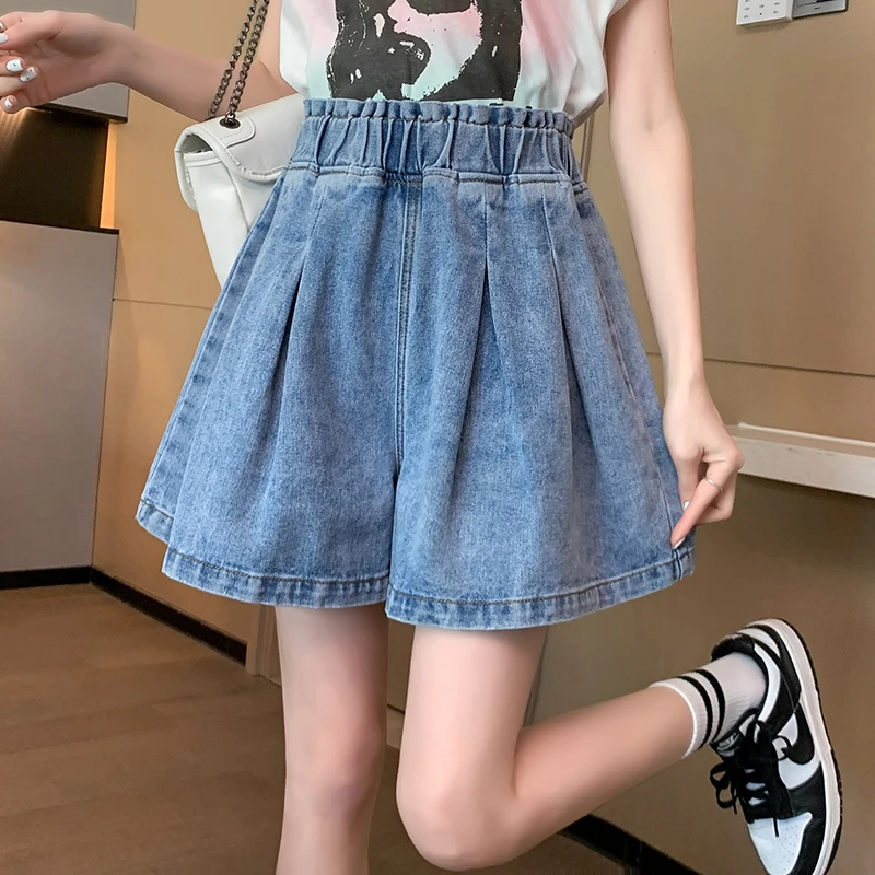 Summer Korean Style Sweet Girl Wide Leg A-Line Denim Shorts For Women Chic Casual Loose Elastic Waist Pleated Skirt Denim Pants