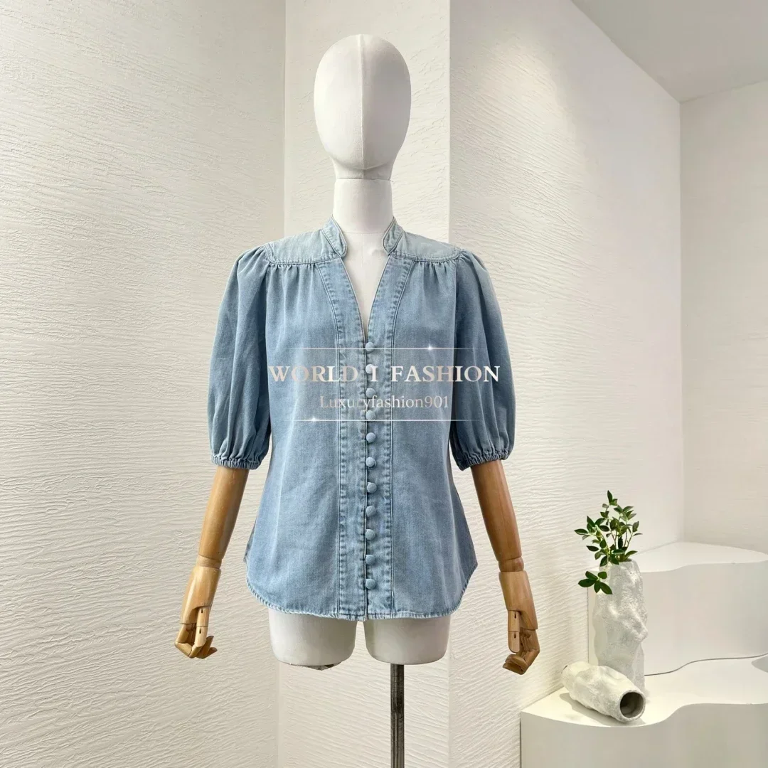 

Cotton 2025 New Fashion Blue Half Sleeve Demin V Neck Blouse Tops
