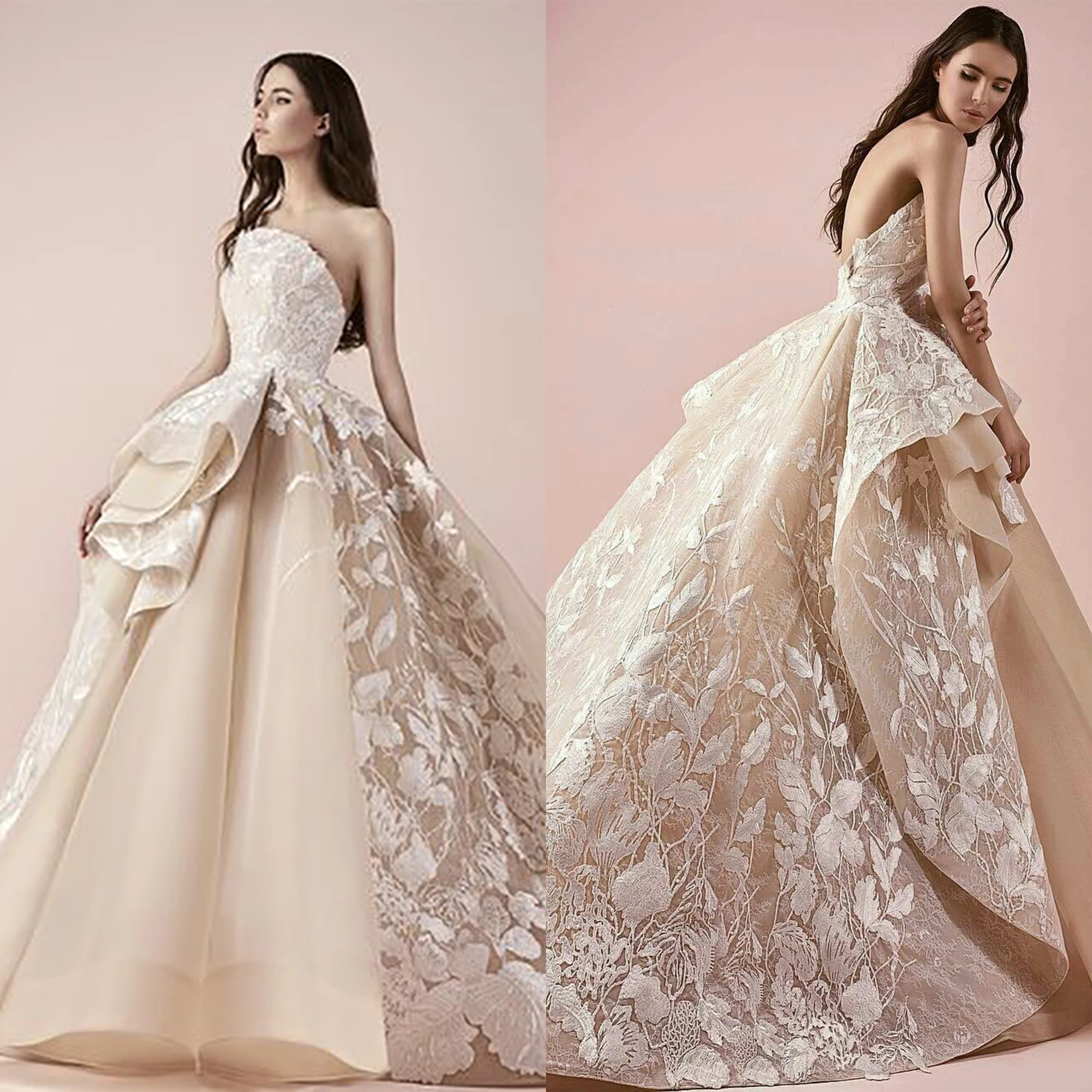 Vestido De novia De encaje Floral sin tirantes, plisado, Espalda descubierta, hecho a medida