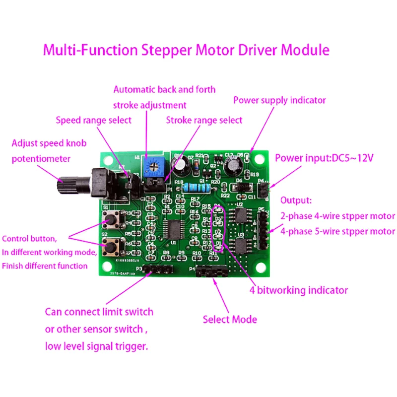 DC 5V-12V 2-phase 4-wire Micro Stepper Motor Driver Mini 4-phase 5-wire Stepping Motor Speed Controller Module Board