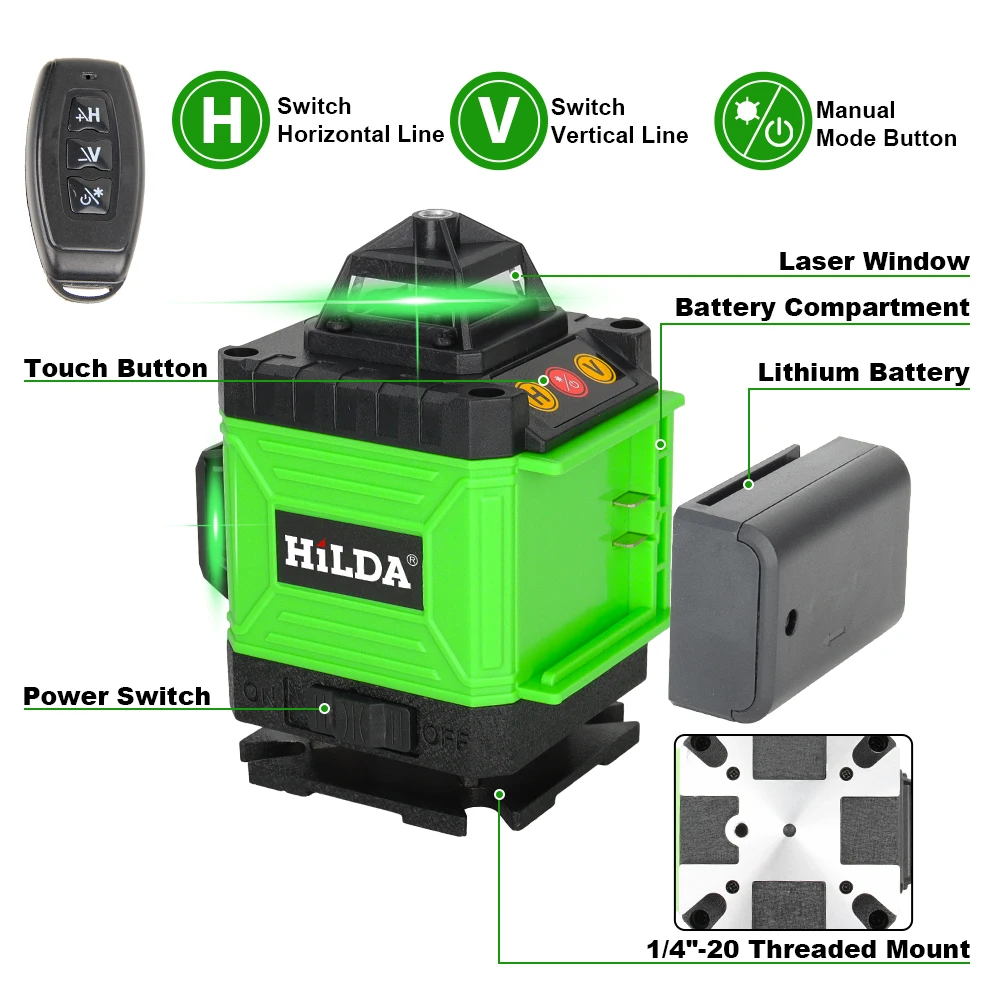 HILDA 4D 16 خط مستوى ليزر صغير أفقي عمودي عبر ليزر التسوية الذاتية أفضل أداة قياس الضوء الأخضر القابلة لإعادة الشحن
